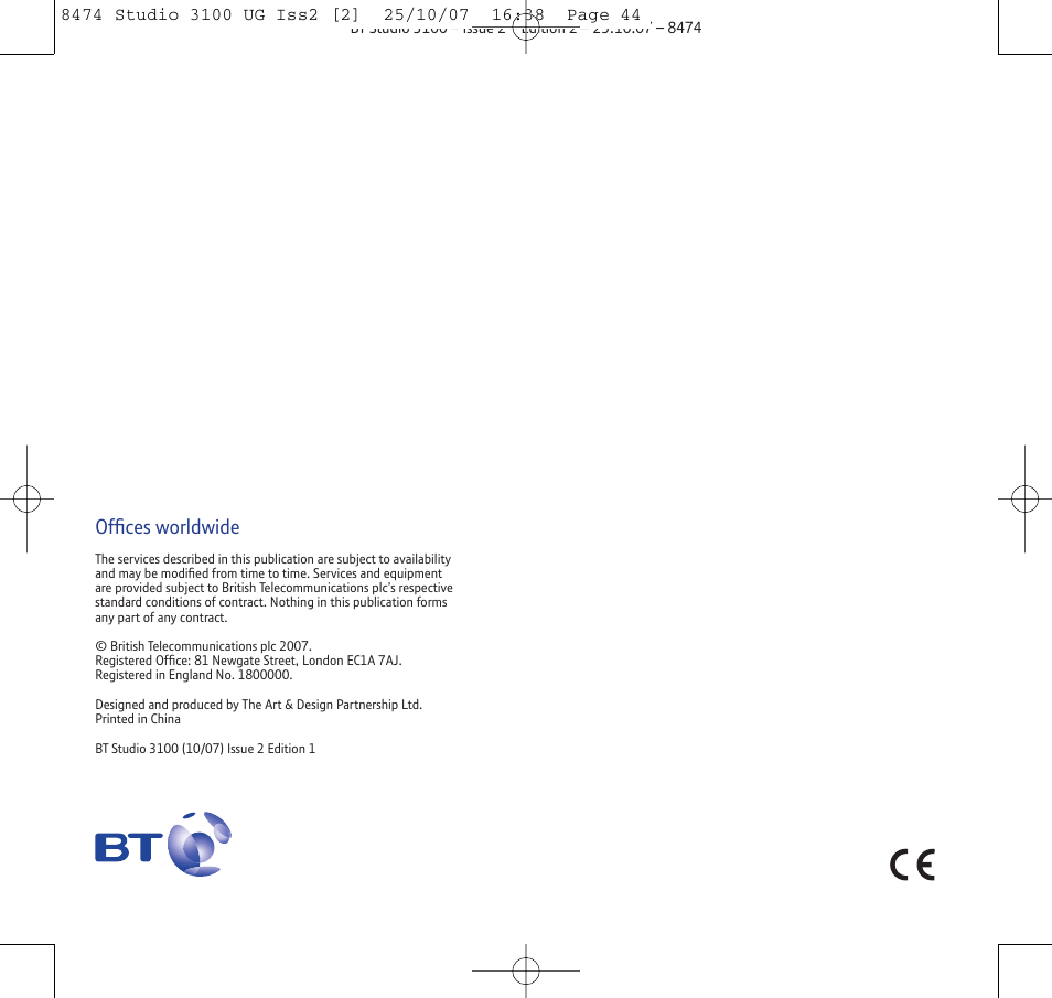 Offices worldwide | BT Studio 3100 User Manual | Page 44 / 44