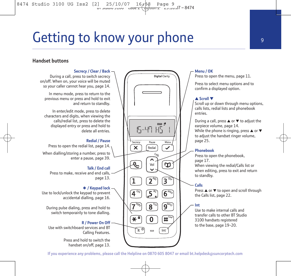 Getting to know your phone, Handset buttons | BT Studio 3100 User Manual | Page 9 / 44