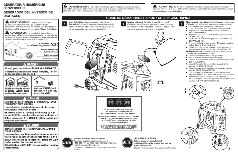 Alto, Arrête, Cb d e a | Avertissement, Advertencia, Génératrice typique se muestra un generador común | Ryobi RYI2000T User Manual | Page 2 / 2