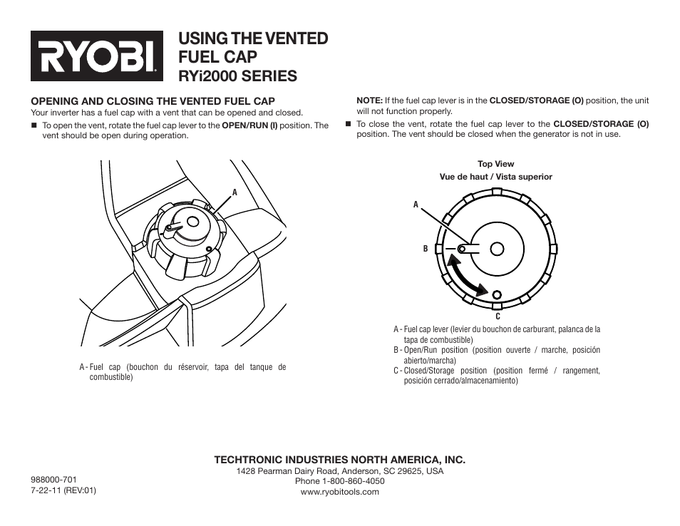 Ryobi RYI2011T User Manual | 2 pages