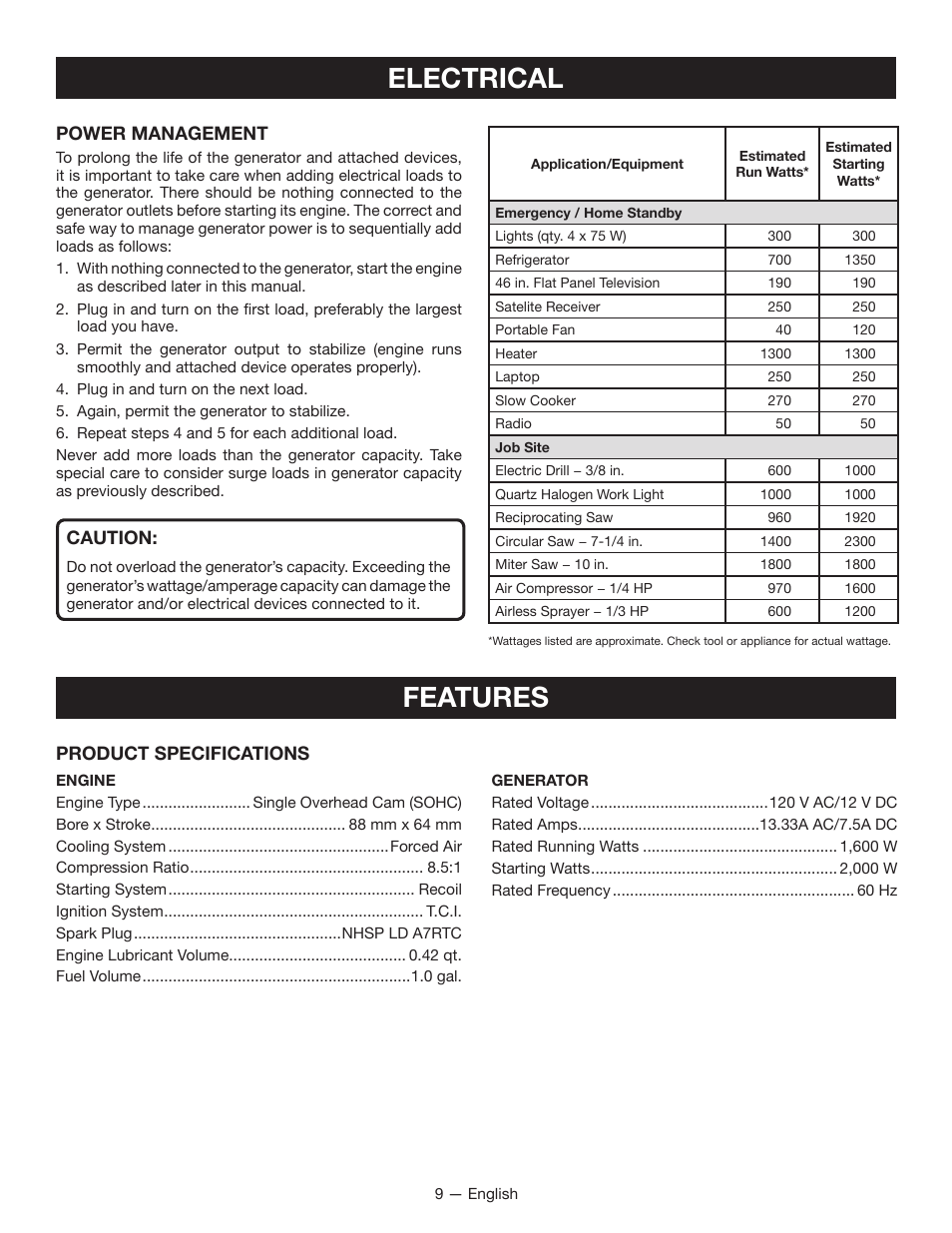 Electrical, Features | Ryobi RYI2011T User Manual | Page 13 / 72