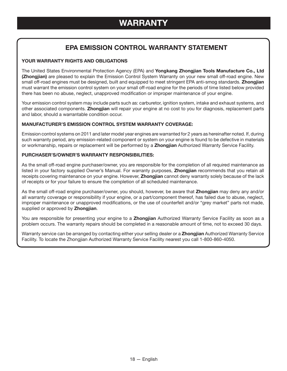 Warranty, Epa emission control warranty statement | Ryobi RYI2011T User Manual | Page 22 / 72