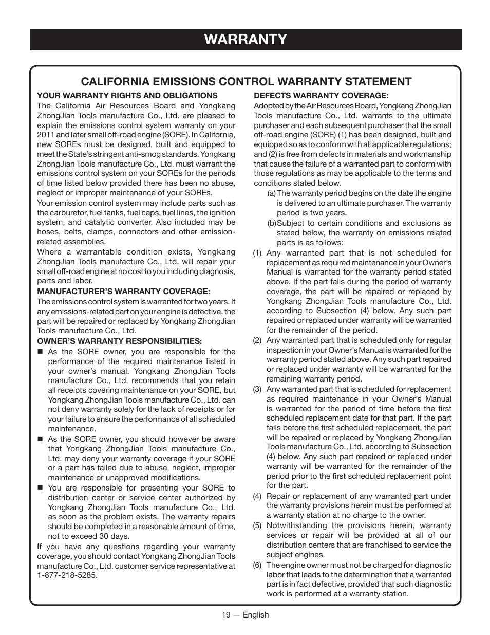 Warranty, California emissions control warranty statement | Ryobi RYI2011T User Manual | Page 23 / 72