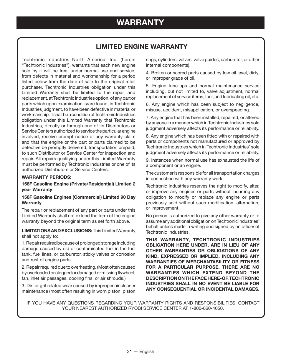 Warranty, Limited engine warranty | Ryobi RYI2011T User Manual | Page 25 / 72