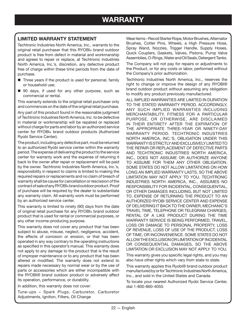 Warranty | Ryobi RYI2011T User Manual | Page 26 / 72