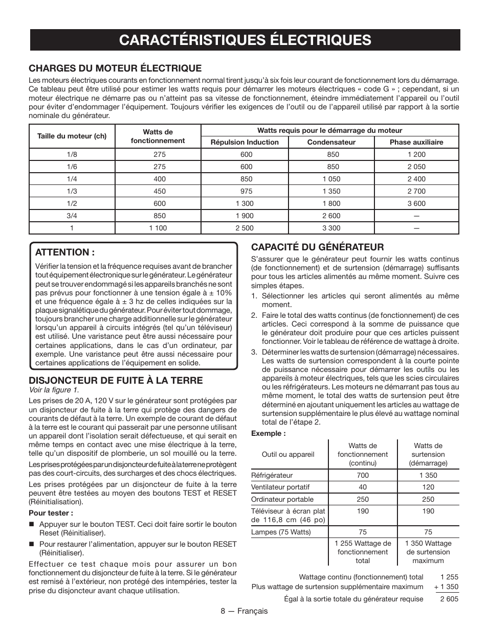 Caractéristiques électriques, Charges du moteur électrique, Attention | Disjoncteur de fuite à la terre, Capacité du générateur | Ryobi RYI2011T User Manual | Page 34 / 72