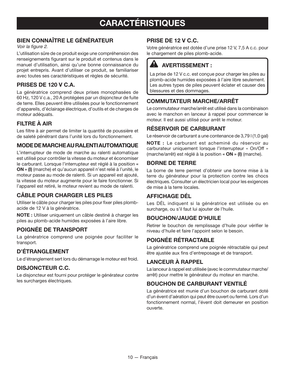 Caractéristiques | Ryobi RYI2011T User Manual | Page 36 / 72