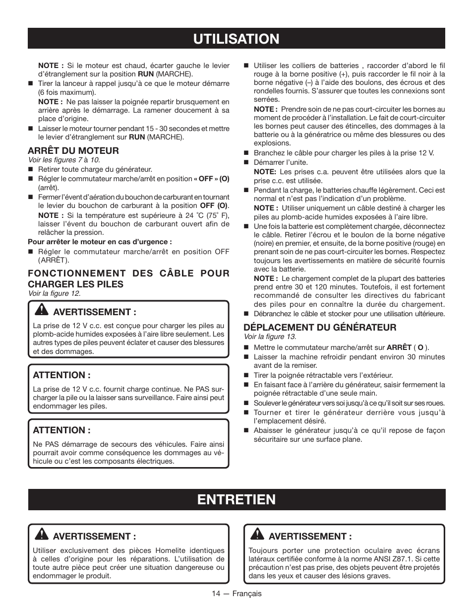 Utilisation, Entretien, Arrêt du moteur | Fonctionnement des câble pour charger les piles, Avertissement, Attention, Déplacement du générateur | Ryobi RYI2011T User Manual | Page 40 / 72