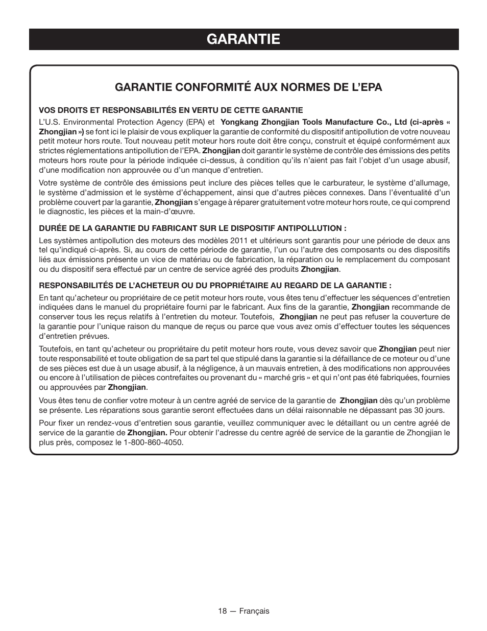 Garantie, Garantie conformité aux normes de l’epa | Ryobi RYI2011T User Manual | Page 44 / 72