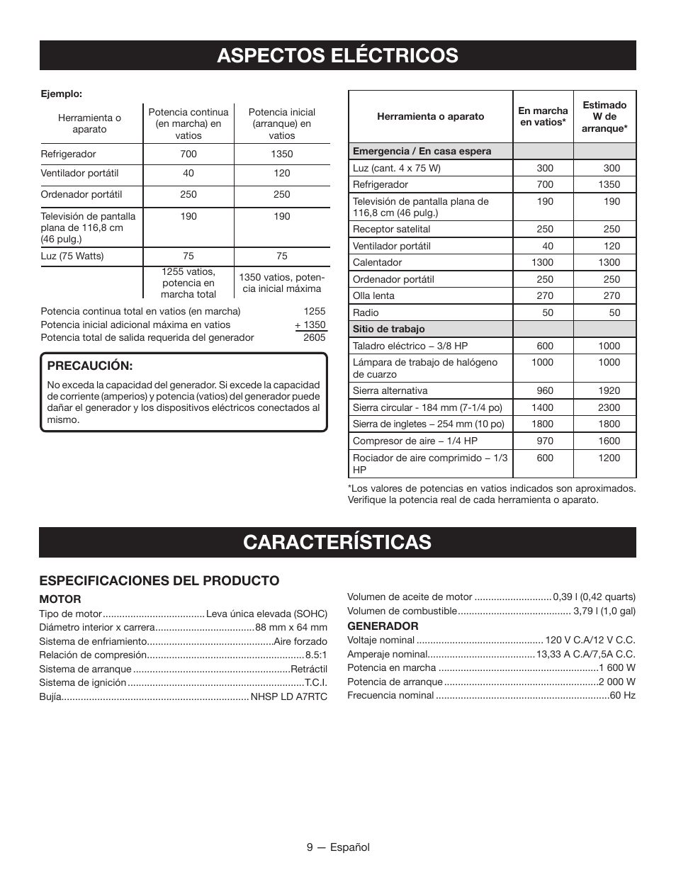 Aspectos eléctricos, Características, Especificaciones del producto | Ryobi RYI2011T User Manual | Page 57 / 72