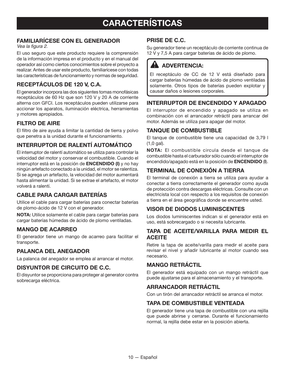 Características | Ryobi RYI2011T User Manual | Page 58 / 72