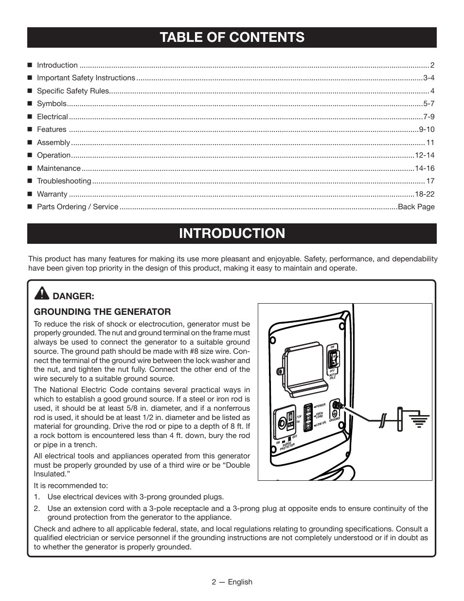 Table of contents introduction, Danger: grounding the generator | Ryobi RYI2011T User Manual | Page 6 / 72