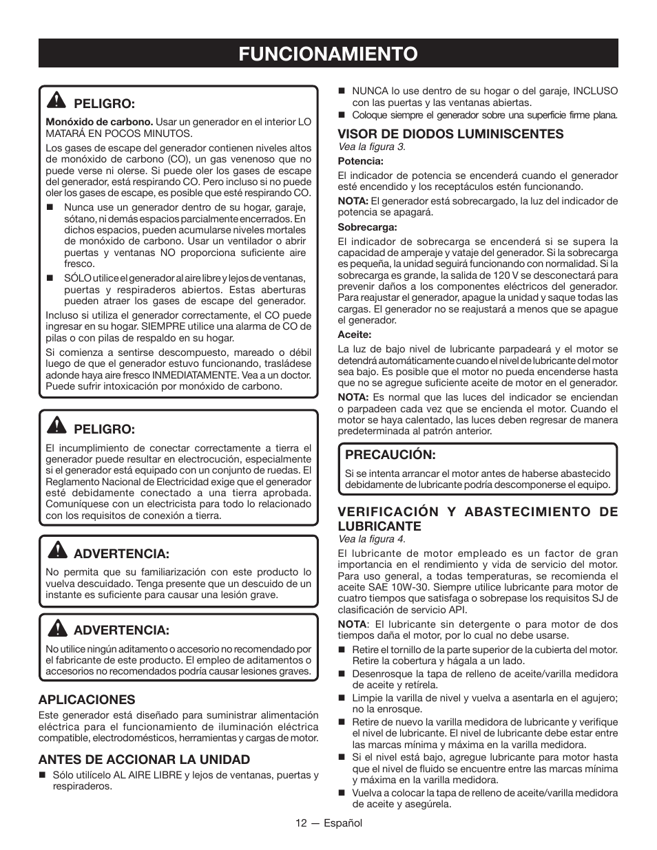 Funcionamiento, Peligro, Advertencia | Aplicaciones, Antes de accionar la unidad, Visor de diodos luminiscentes, Precaución, Verificación y abastecimiento de lubricante | Ryobi RYI2011T User Manual | Page 60 / 72