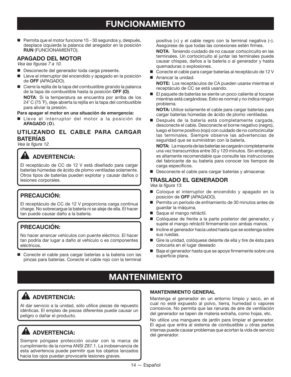 Funcionamiento, Mantenimiento | Ryobi RYI2011T User Manual | Page 62 / 72