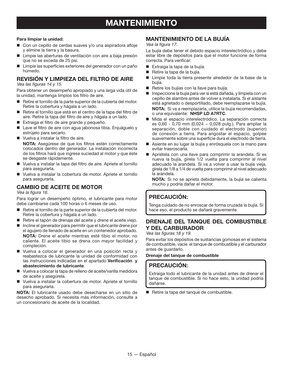 Mantenimiento, Mantenimiento de la bujía, Precaución | Revisión y limpieza del filtro de aire, Cambio de aceite de motor | Ryobi RYI2011T User Manual | Page 63 / 72