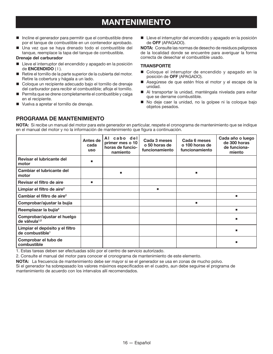 Mantenimiento, Programa de mantenimiento | Ryobi RYI2011T User Manual | Page 64 / 72