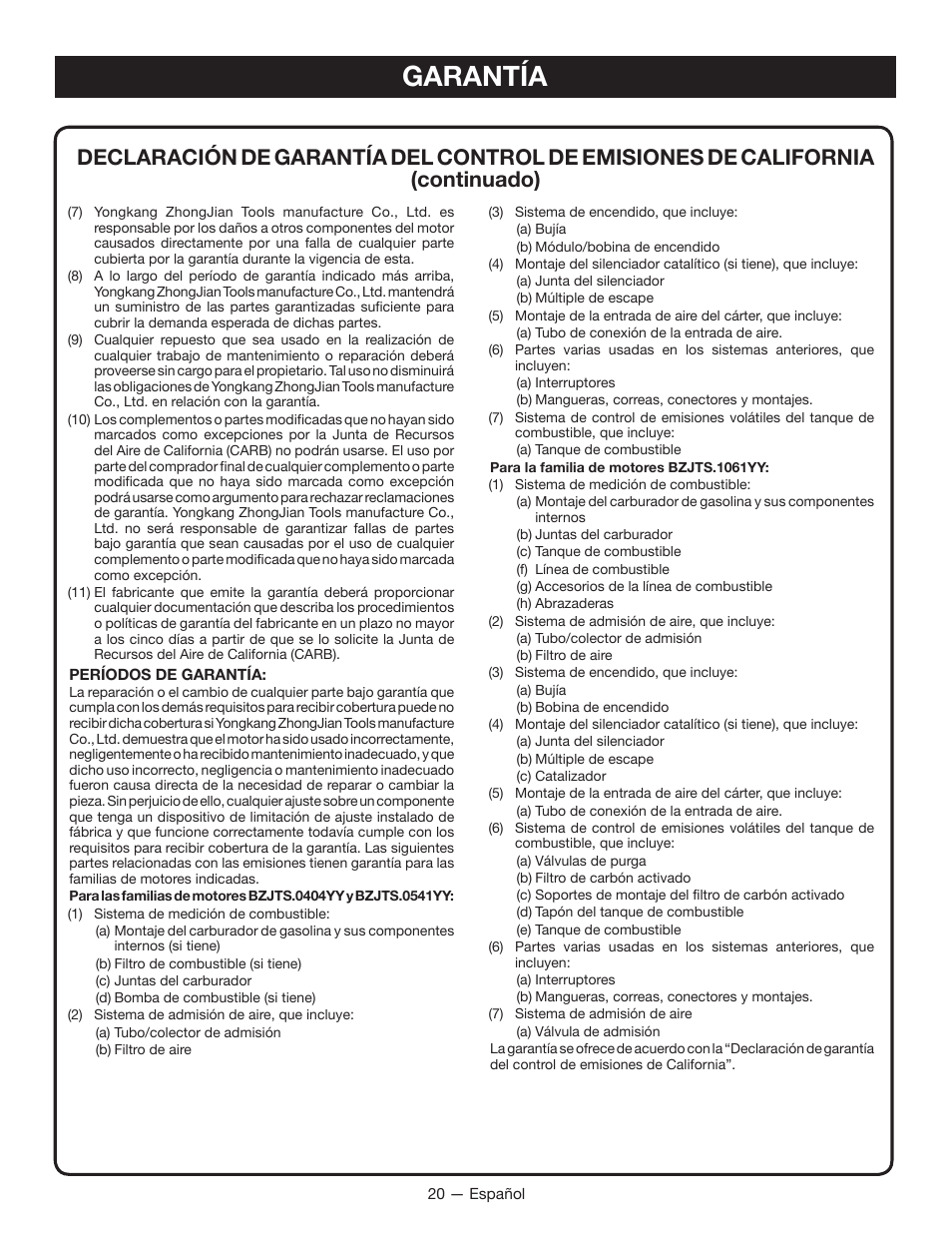 Garantía | Ryobi RYI2011T User Manual | Page 68 / 72