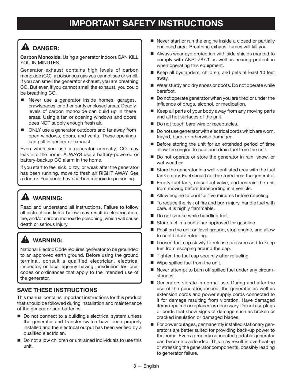Important safety instructions | Ryobi RYI2011T User Manual | Page 7 / 72