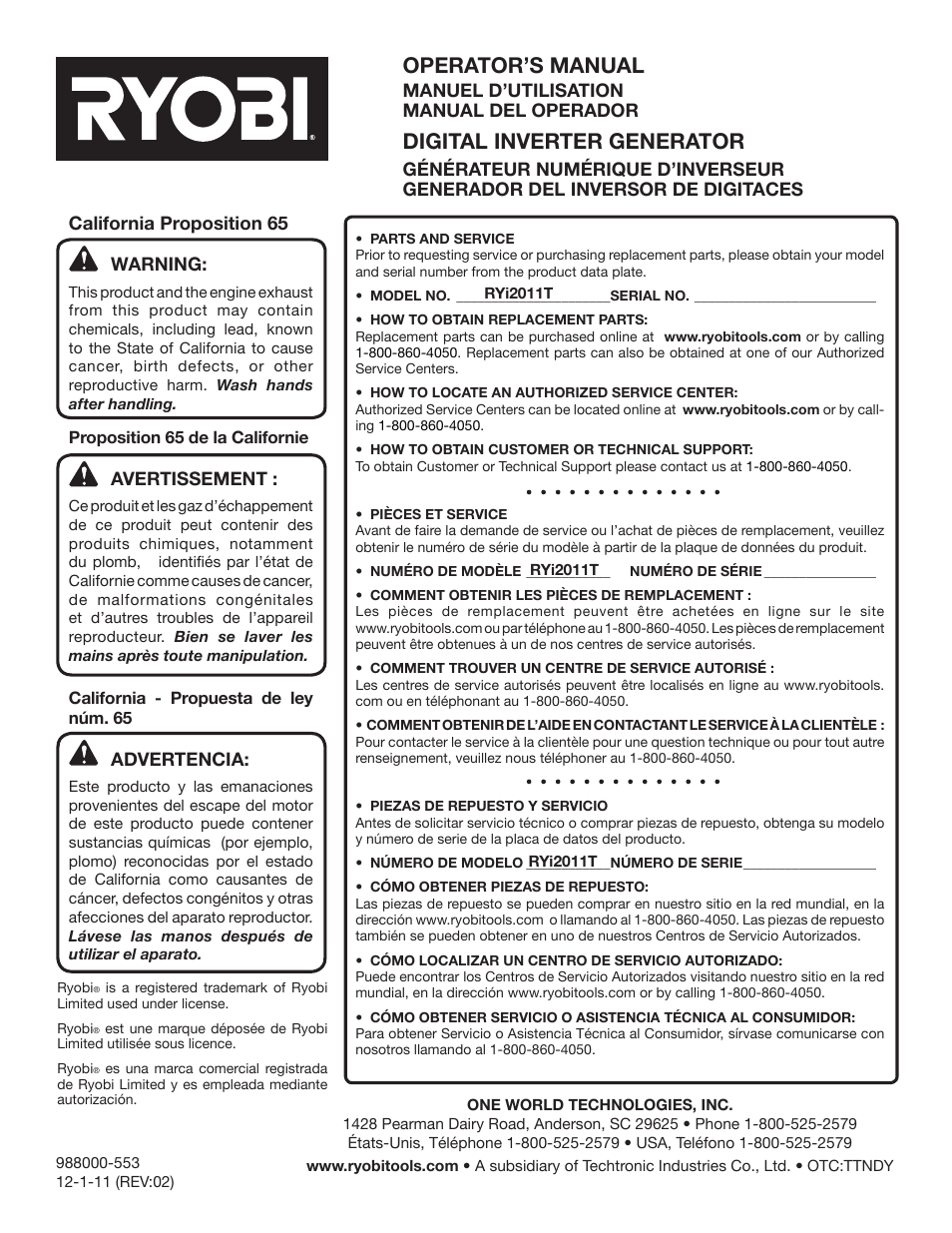 Operator’s manual, Digital inverter generator | Ryobi RYI2011T User Manual | Page 72 / 72