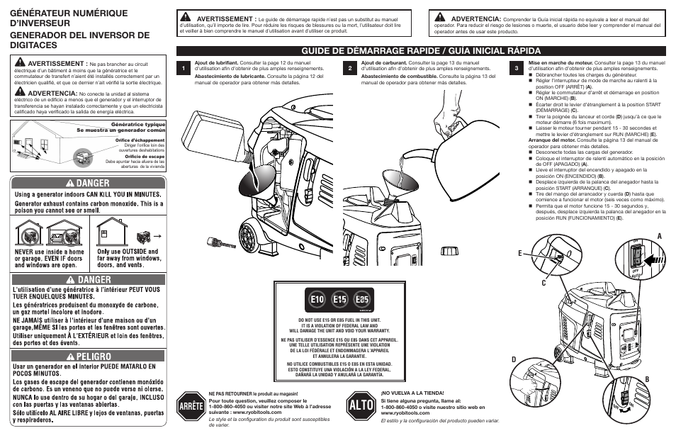 Alto, Arrête, Cb d e | Avertissement, Advertencia, Génératrice typique se muestra un generador común | Ryobi RYI2011T User Manual | Page 2 / 2