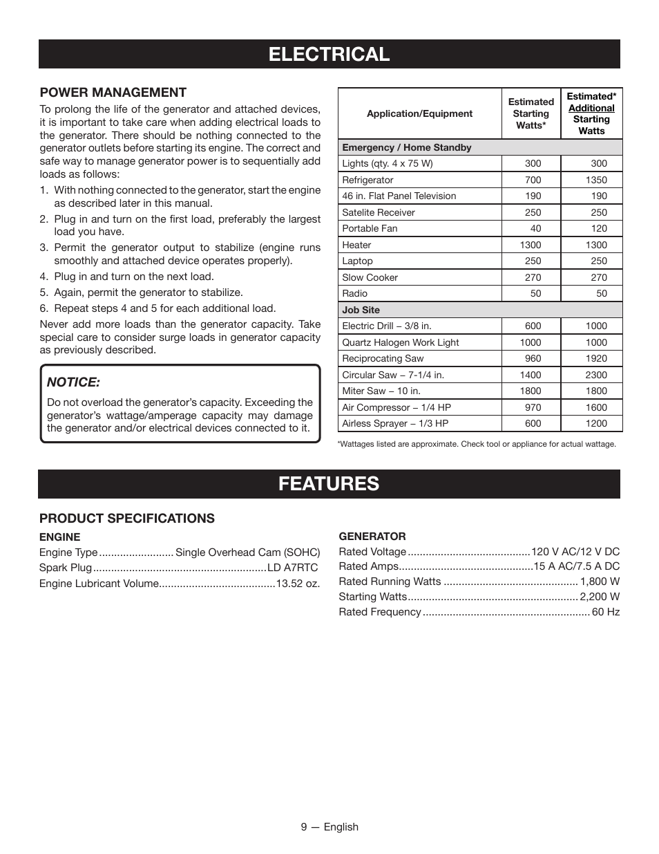 Electrical features | Ryobi RYI2200 User Manual | Page 13 / 64