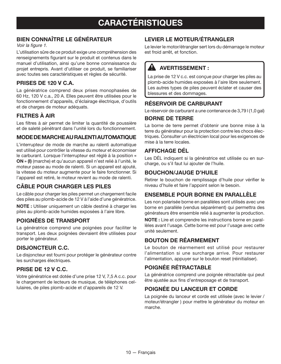 Caractéristiques | Ryobi RYI2200 User Manual | Page 33 / 64