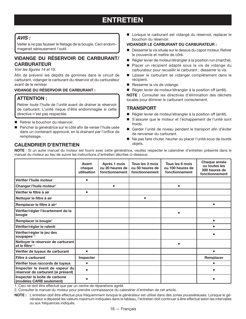 Entretien, Avis, Vidange du réservoir de carburant/ carburateur | Attention, Transport, Calendrier d’entretien | Ryobi RYI2200 User Manual | Page 39 / 64