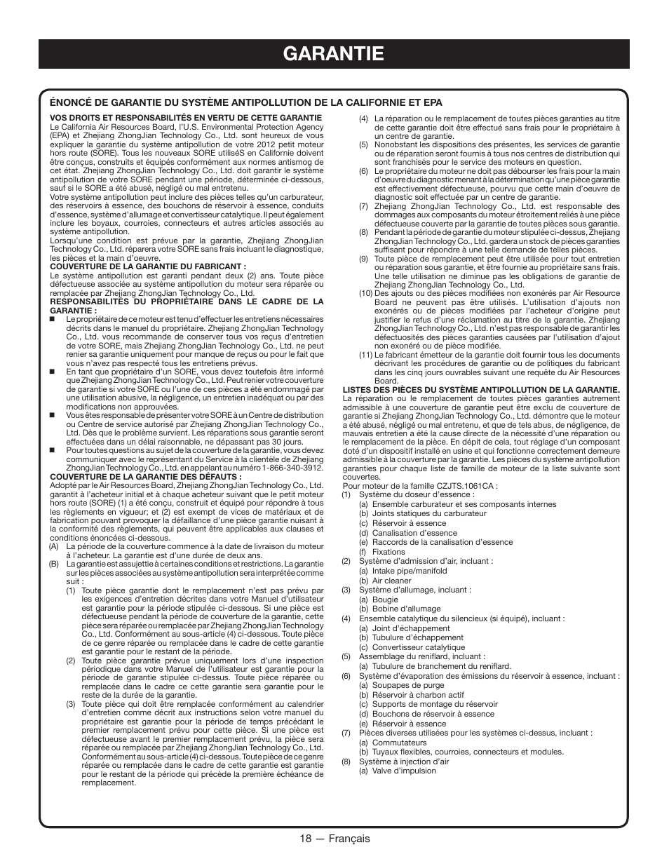 Garantie, 18 — français | Ryobi RYI2200 User Manual | Page 41 / 64