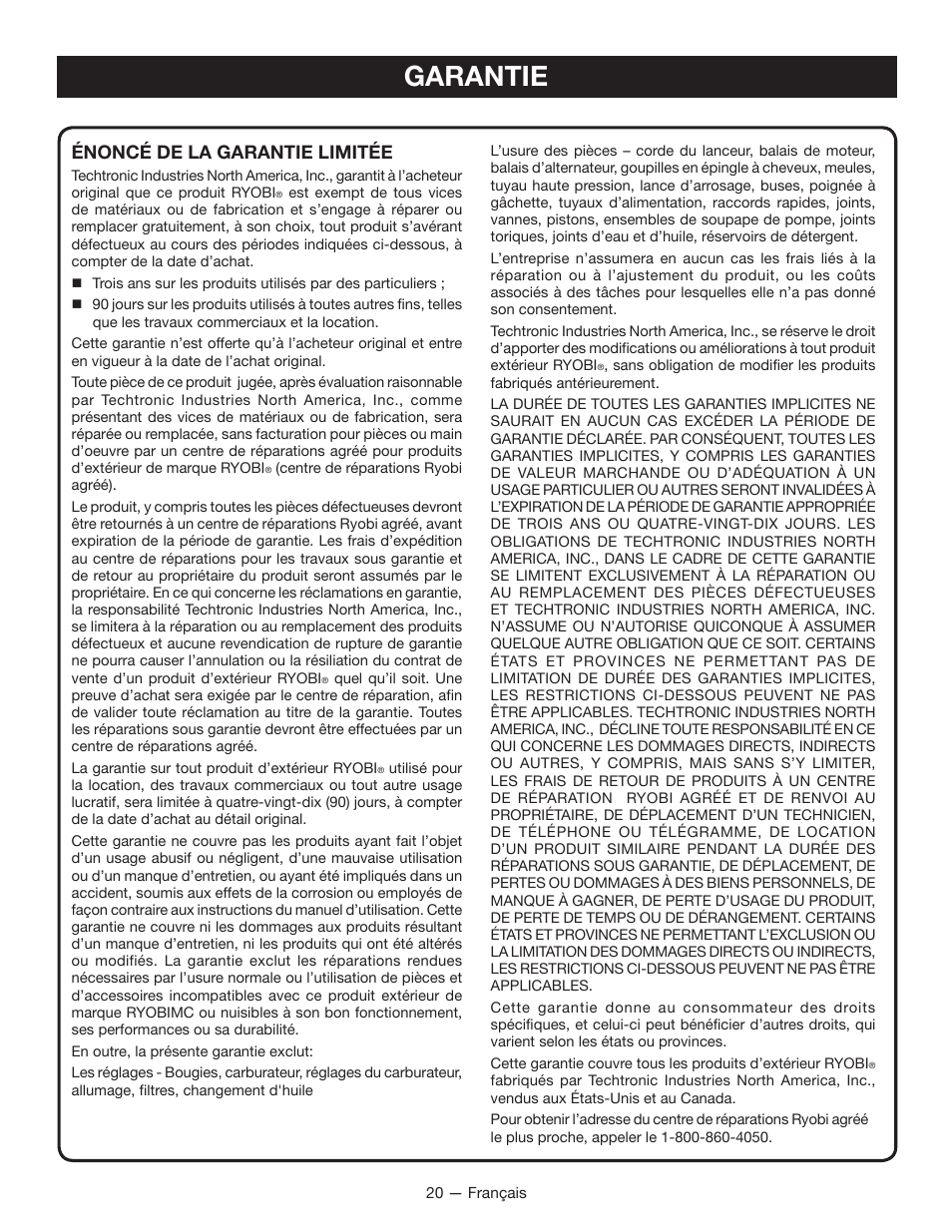 Garantie, Énoncé de la garantie limitée | Ryobi RYI2200 User Manual | Page 43 / 64