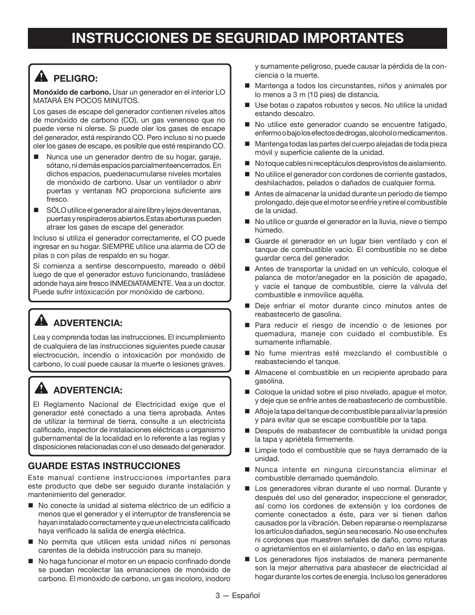 Instrucciones de seguridad importantes, Peligro, Advertencia | Guarde estas instrucciones | Ryobi RYI2200 User Manual | Page 45 / 64