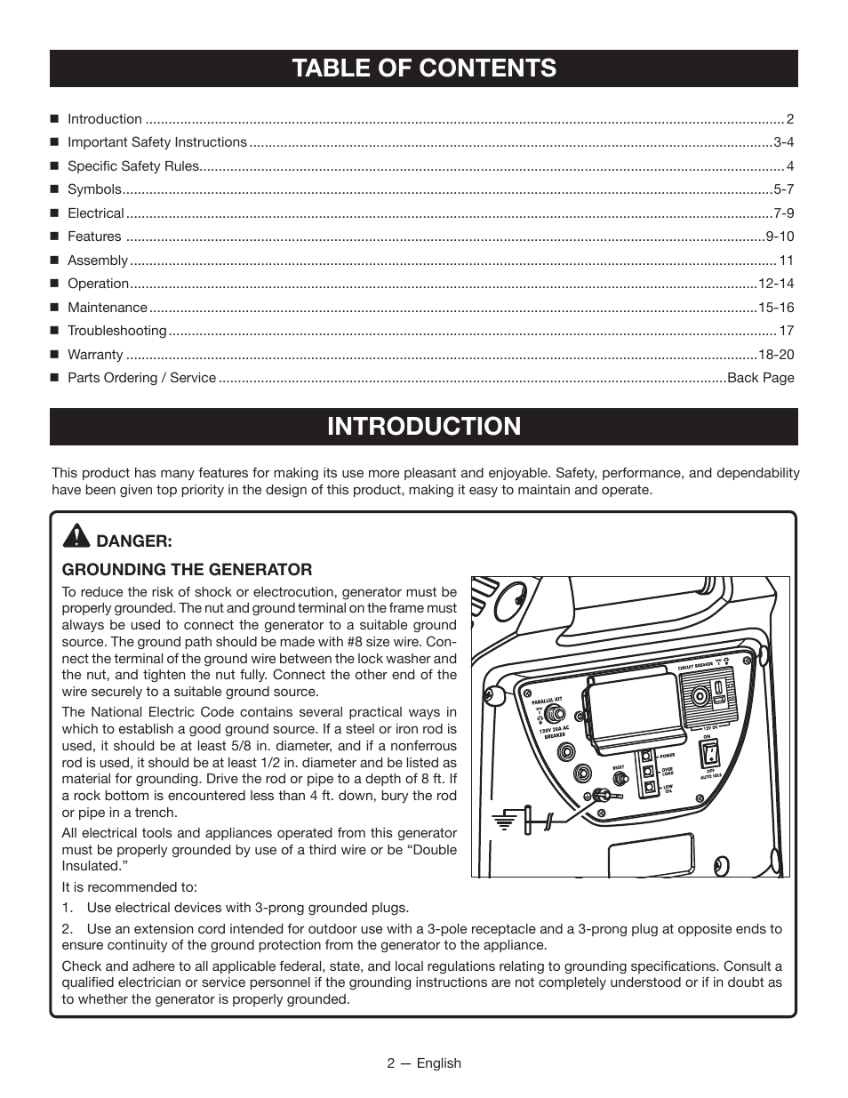 Table of contents introduction | Ryobi RYI2200 User Manual | Page 6 / 64