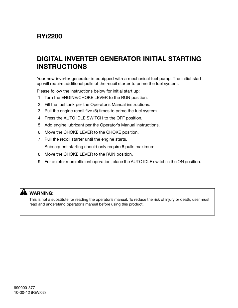 Ryobi RYI2200 User Manual | 2 pages