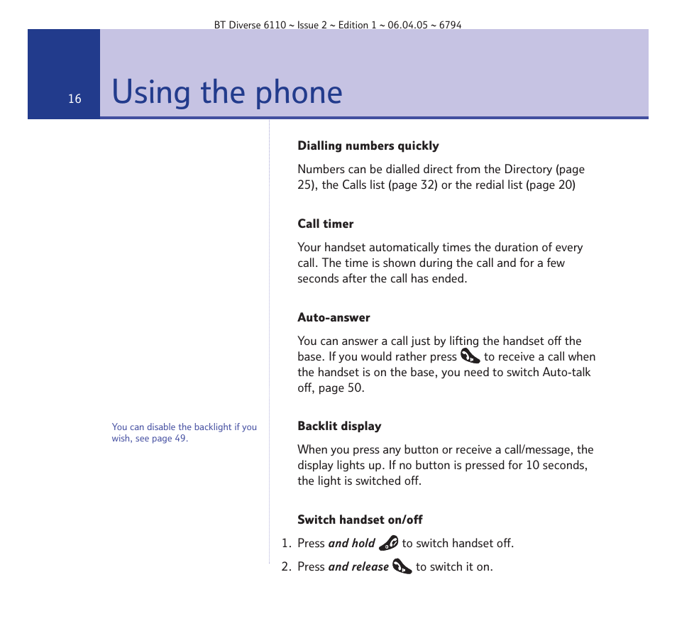 Using the phone | BT Diverse 6110 User Manual | Page 16 / 74