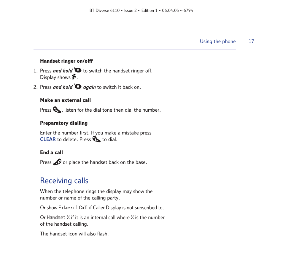 Receiving calls | BT Diverse 6110 User Manual | Page 17 / 74