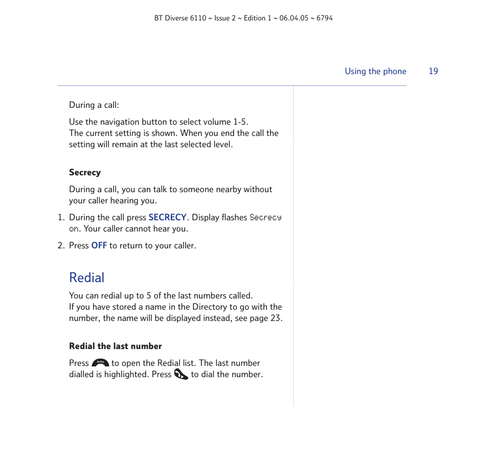 Redial | BT Diverse 6110 User Manual | Page 19 / 74