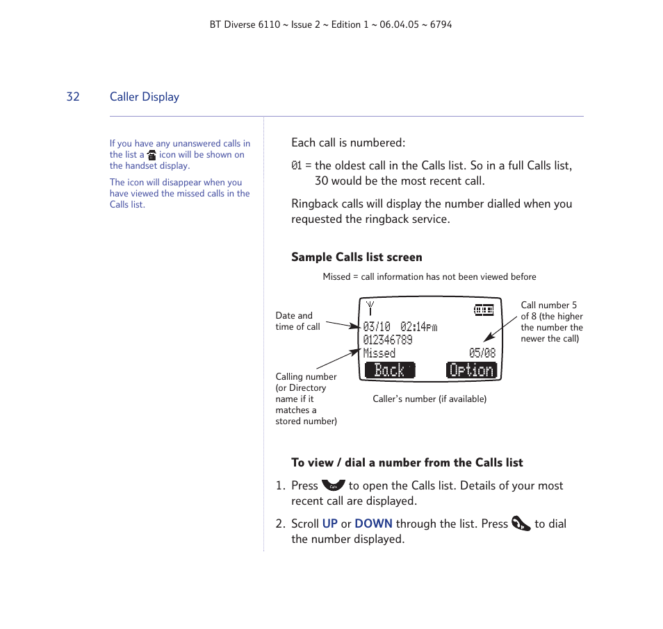 Back option | BT Diverse 6110 User Manual | Page 32 / 74