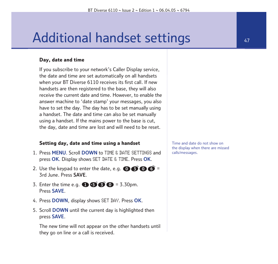 Additional handset settings | BT Diverse 6110 User Manual | Page 47 / 74