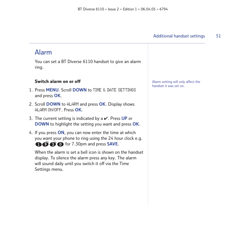 Alarm | BT Diverse 6110 User Manual | Page 51 / 74