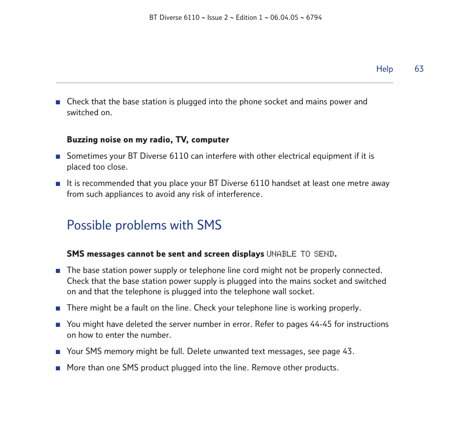 Possible problems with sms | BT Diverse 6110 User Manual | Page 63 / 74