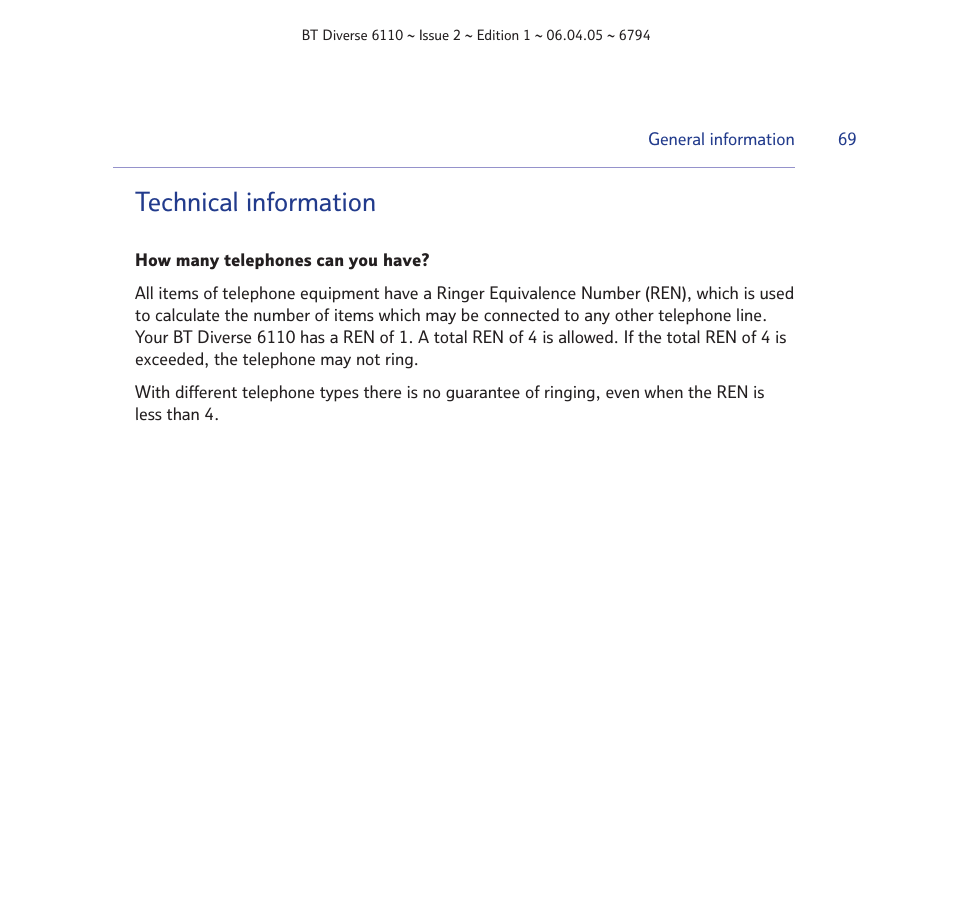 Technical information | BT Diverse 6110 User Manual | Page 69 / 74