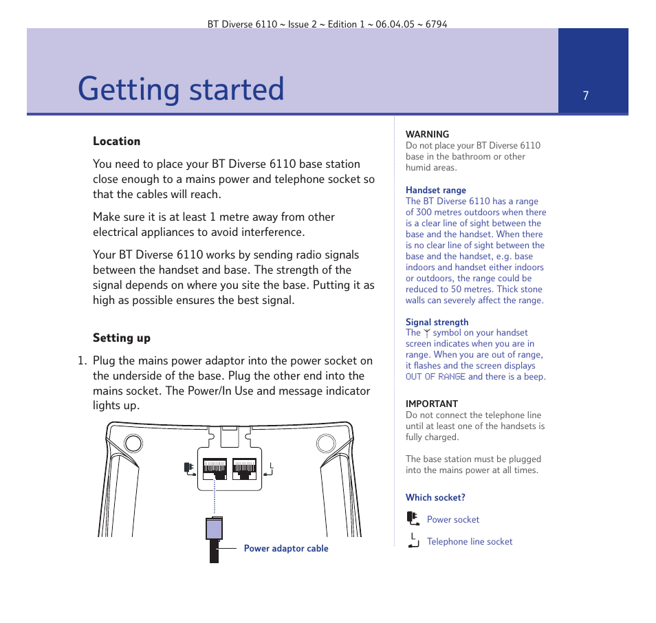 Getting started | BT Diverse 6110 User Manual | Page 7 / 74