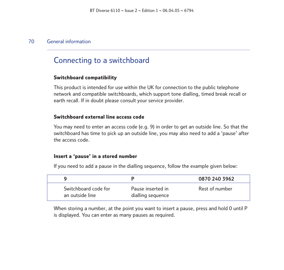 Connecting to a switchboard | BT Diverse 6110 User Manual | Page 70 / 74