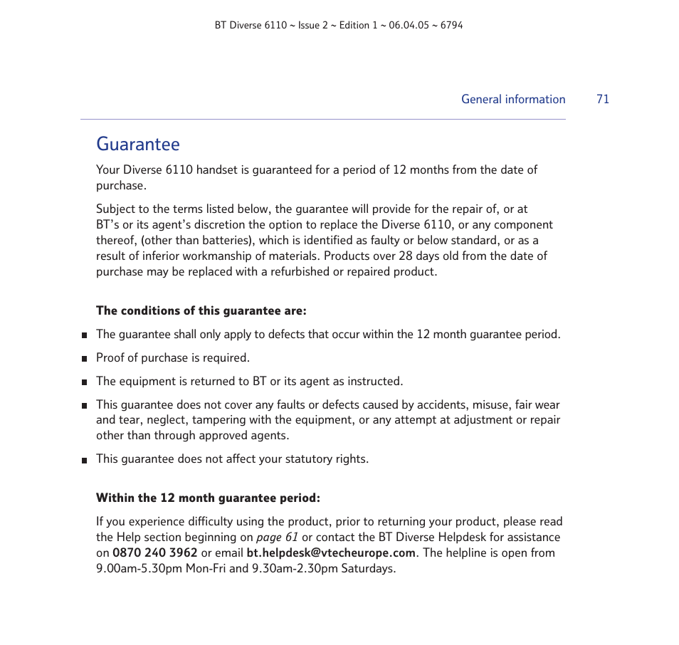 Guarantee | BT Diverse 6110 User Manual | Page 71 / 74