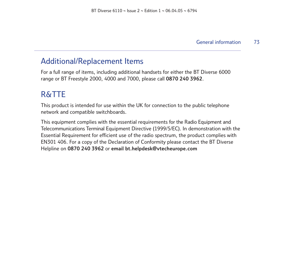 Additional/replacement items, R&tte | BT Diverse 6110 User Manual | Page 73 / 74