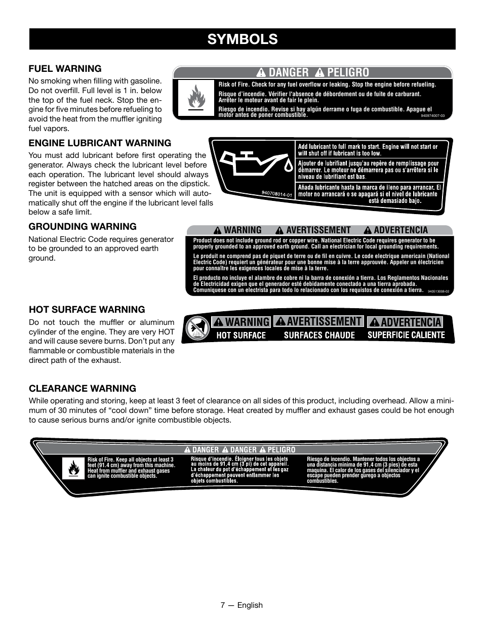 Symbols, Danger peligro, Edition : a | Fuel warning, Engine lubricant warning, Grounding warning, Hot surface warning, Warning advertencia avertissement, Clearance warning | Ryobi RYI2200G User Manual | Page 11 / 64