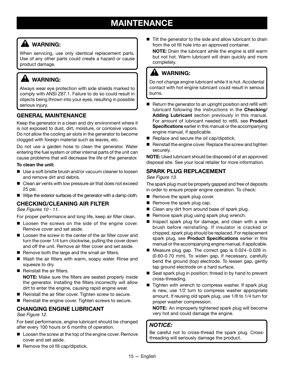 Maintenance | Ryobi RYI2200G User Manual | Page 19 / 64