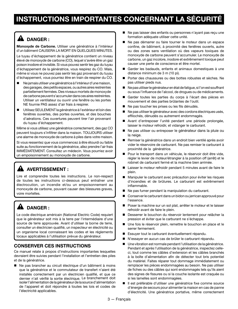 Instructions importantes concernant la sécurité, Danger, Avertissement | Conserver ces instructions | Ryobi RYI2200G User Manual | Page 26 / 64