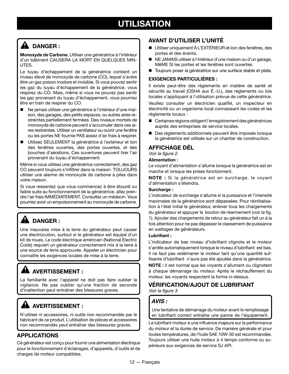 Utilisation | Ryobi RYI2200G User Manual | Page 35 / 64