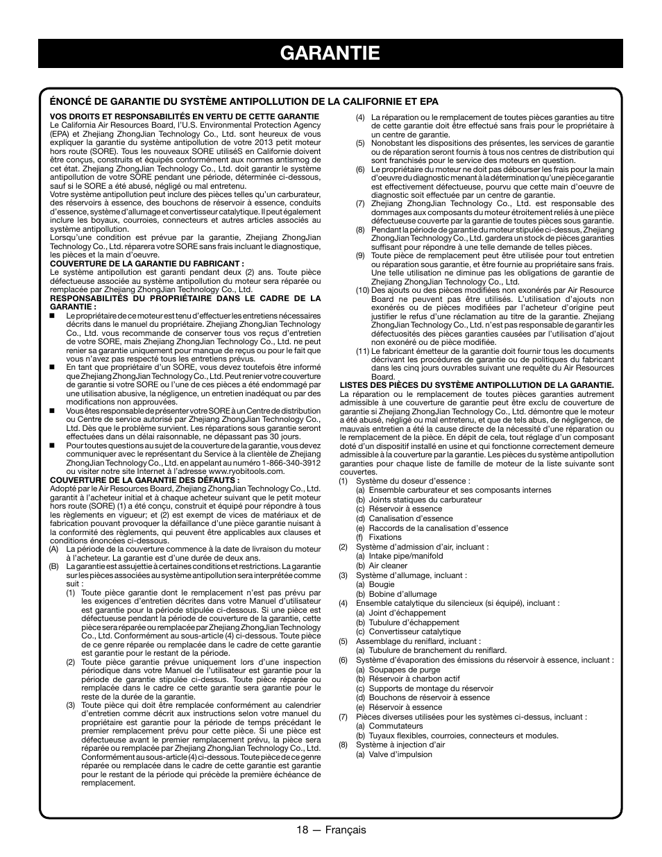 Garantie, 18 — français | Ryobi RYI2200G User Manual | Page 41 / 64