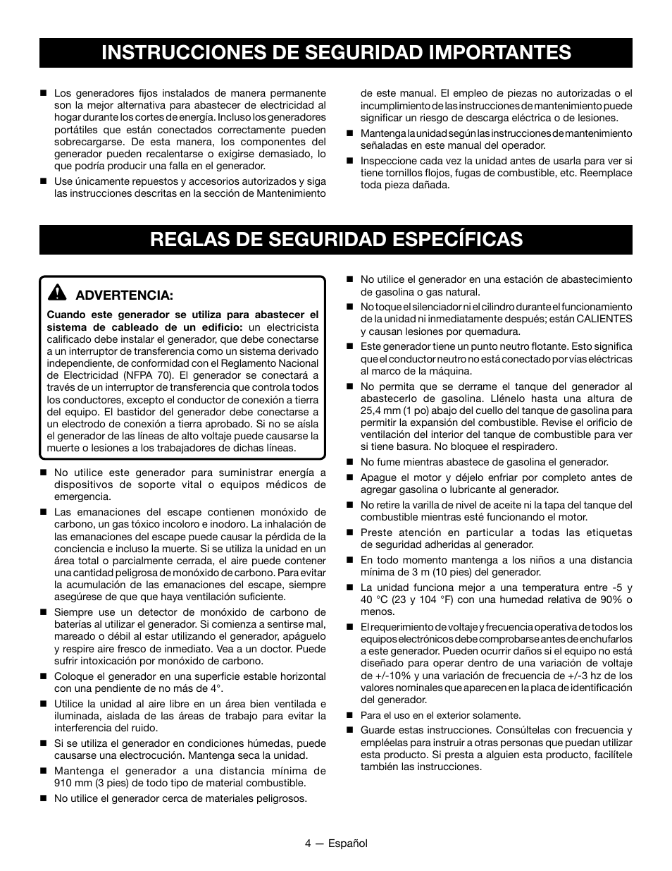 Advertencia | Ryobi RYI2200G User Manual | Page 46 / 64